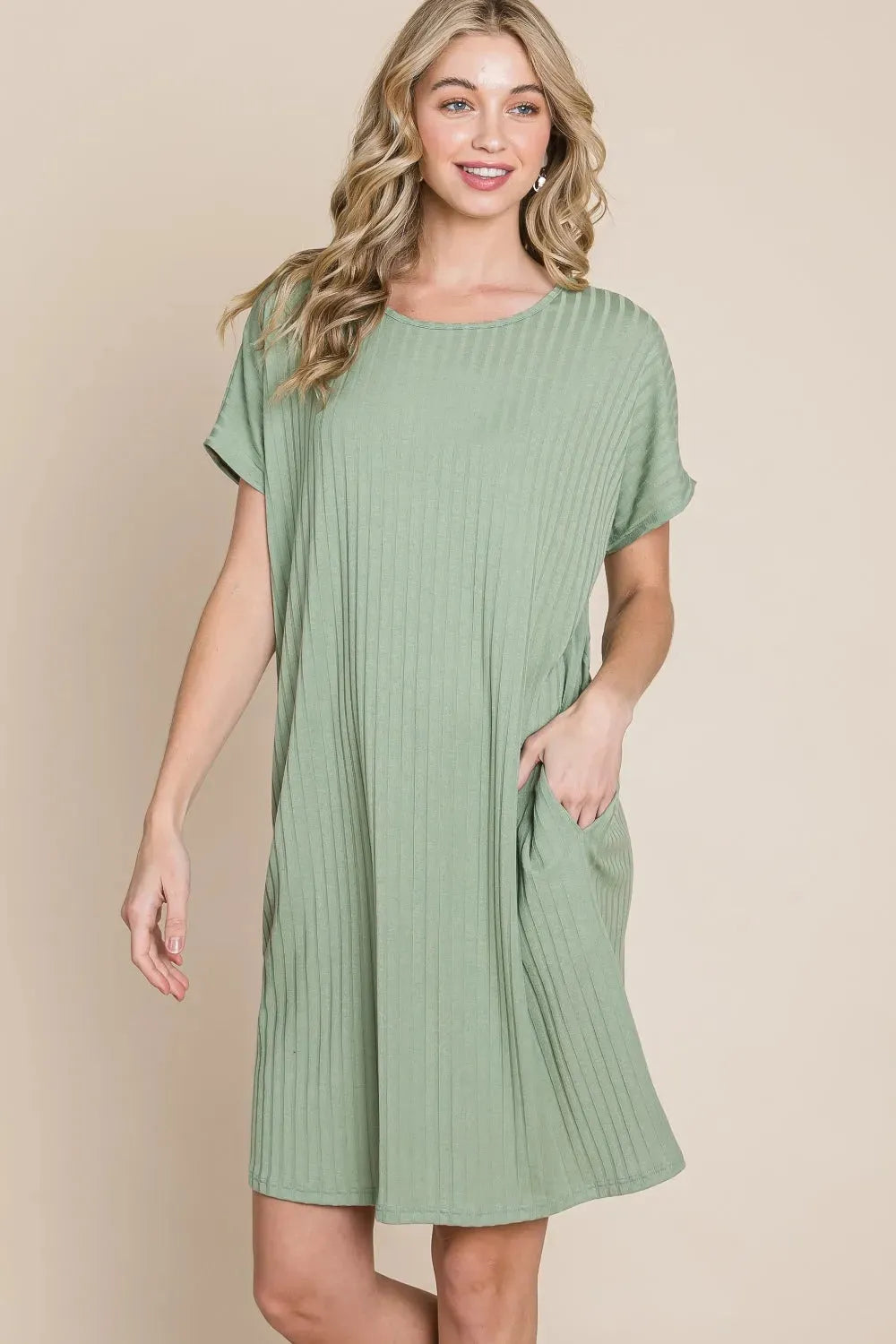 BOMBOM Ribbed Round Neck Short Sleeve Dress Sage Casual Dresses - Tophatter Daily Deals